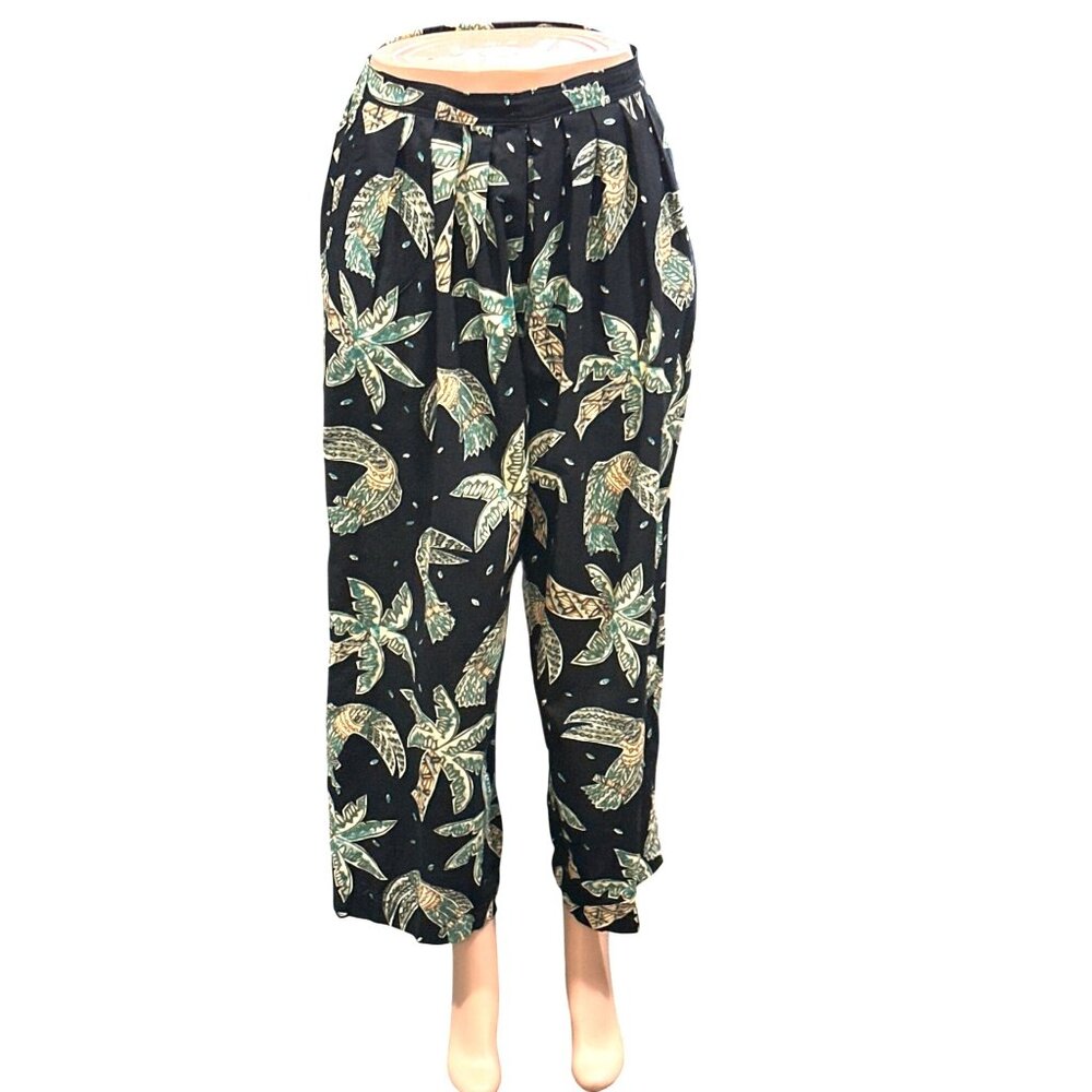 CCC Vintage Boho Black Wide Leg Pants With Leaf Print Elastic Waist Size Medium